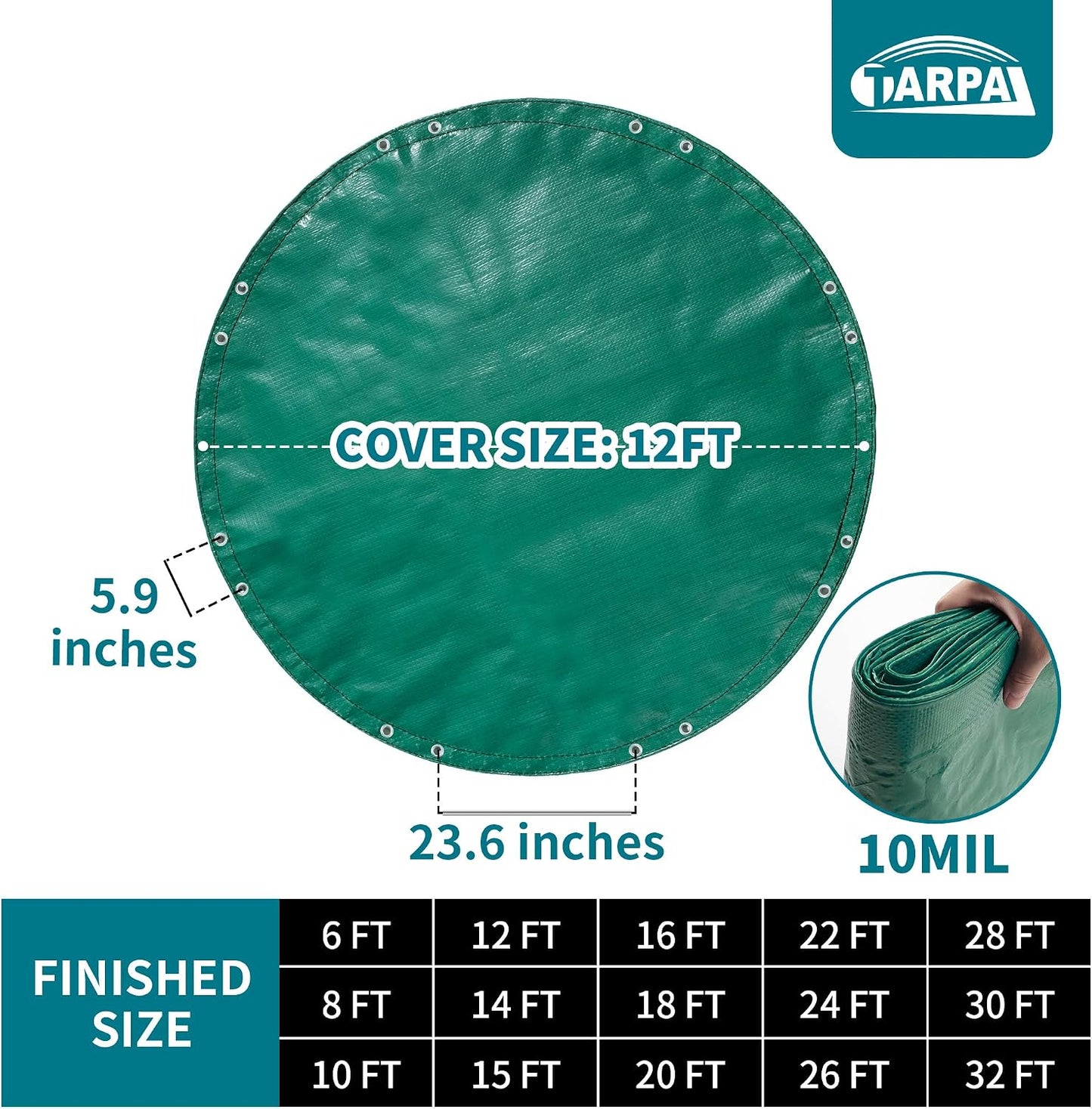 TARPAL 12ft Heavy Duty Round tarp Waterproof with Accessories 10mil Circle Tarps Multipurpose Outdoor Cover Pool tarp for Under Pool(Green/Black)