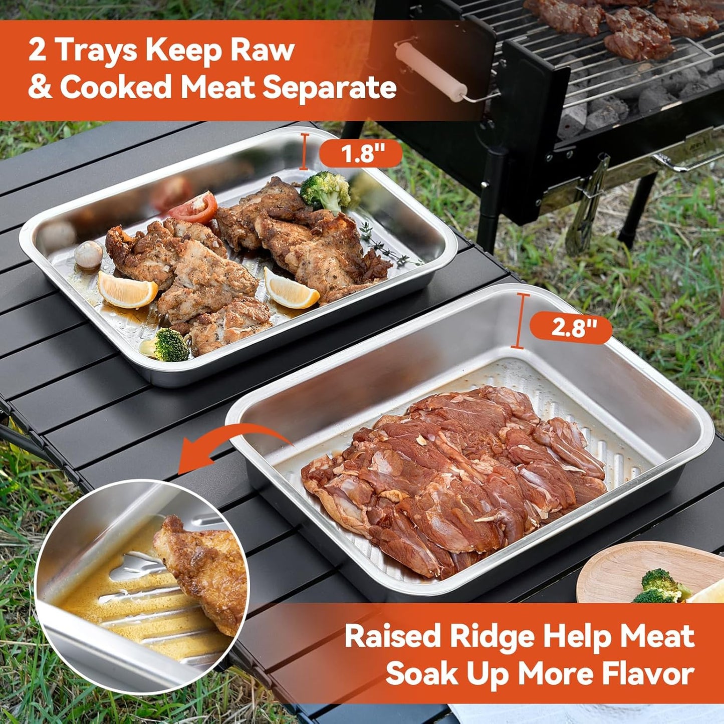 5-in-1 Grill Prep Tray and Carry System, Outdoor Grilling Prep & Serve BBQ Food Tray Accessories, Stainless Steel Meat Marinating Container with Lid & Cutting Board, Metal Cooked Meat Platter