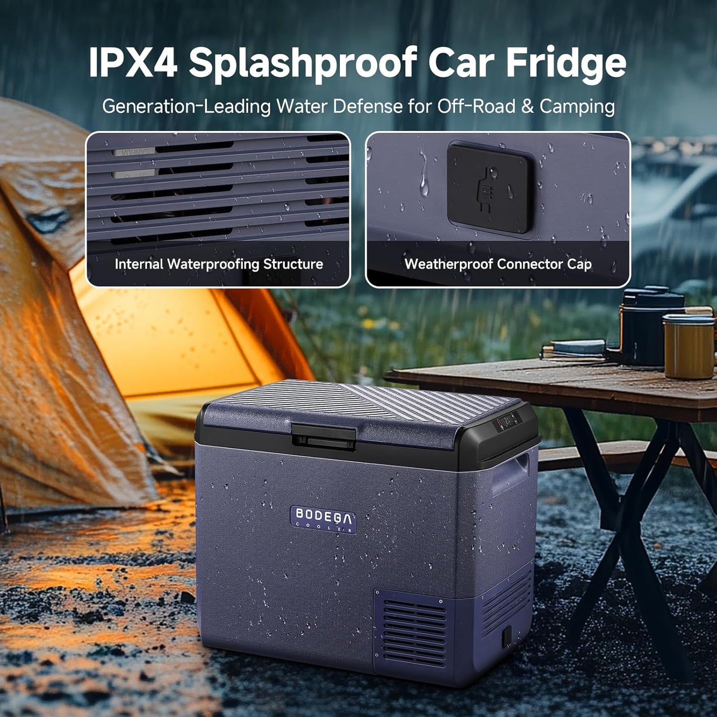 BODEGACOOLER 12 Volt Car Refrigerator, 53QT(50L) IPX4 Waterproof Electric Cooler, 31dB Ultra-Quiet Car Fridge APP Control with 12/24V DC 110-240V AC, -4℉~68℉, Portable for Truck RV Camping, Travel