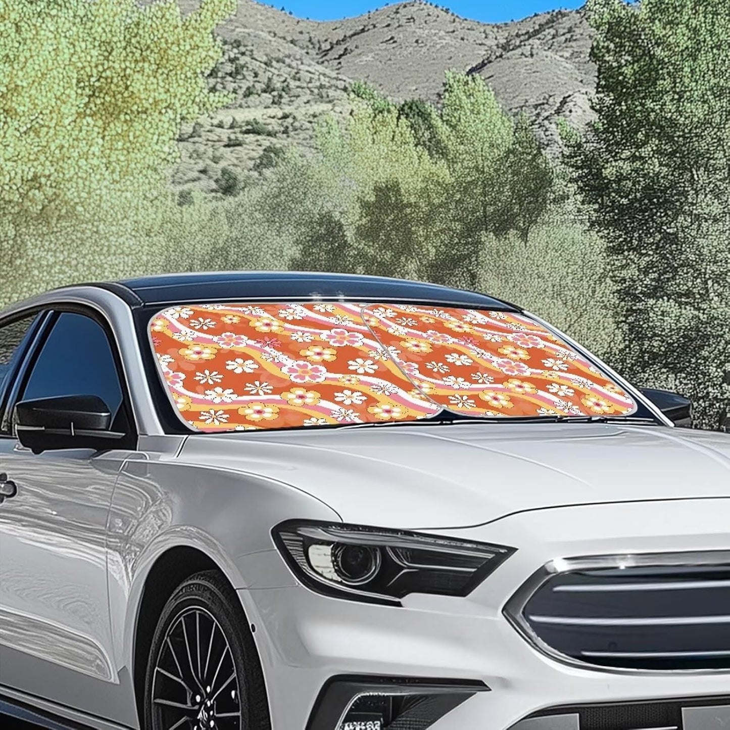 Renewold Universal Front Windshield Sunshade Hippie Flower Pattern Summer Car Window Covers UV Rays Sun Shade Outdoor Protective Automotive Sun Blocker Visor Foldable Sun Shield