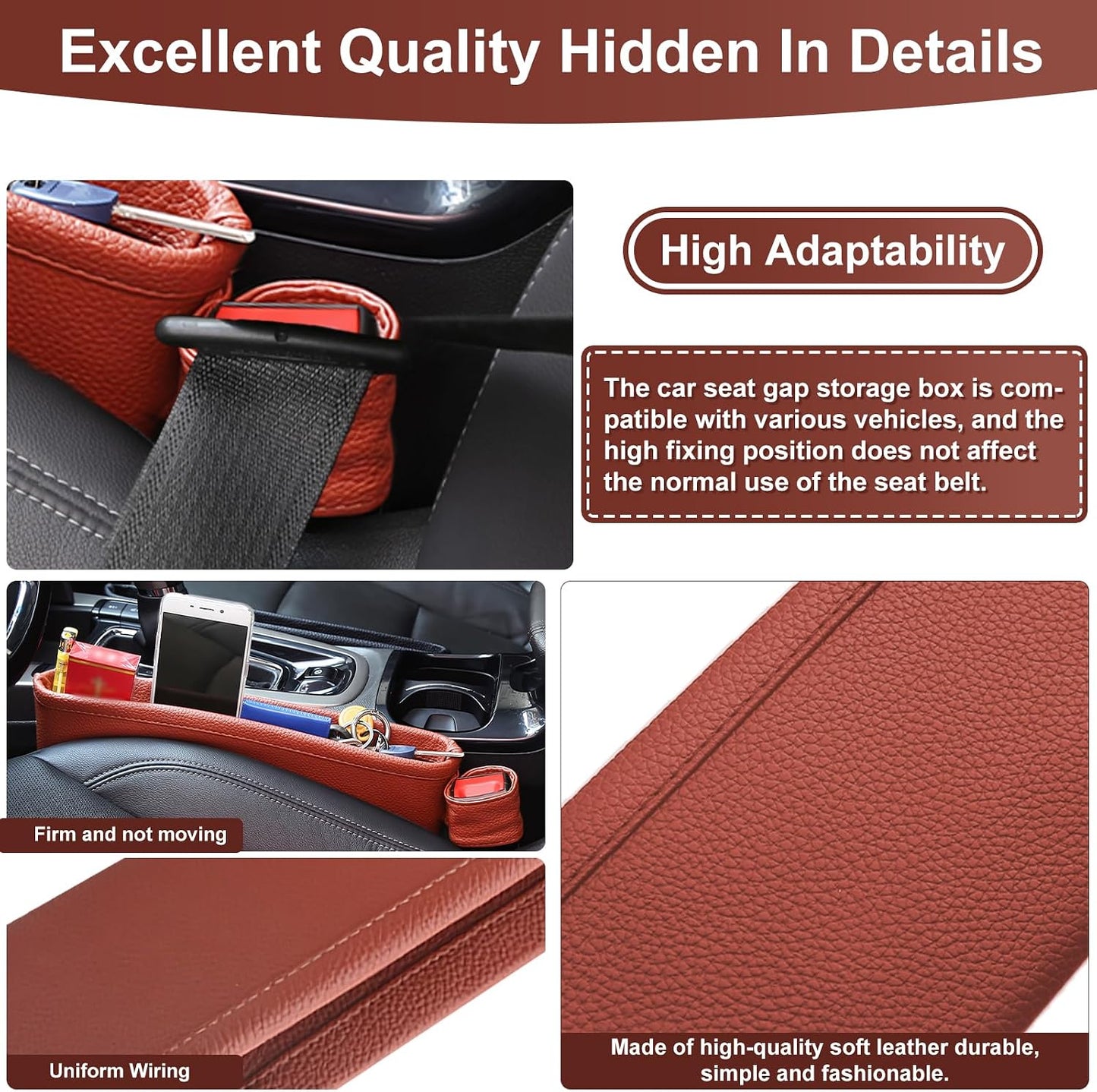 2 Pack Update Car Seat Gap Filler Organizer Leather Console Storage Box Front Side Pocket Seats Organizers Filler Interior Car Accessories for Phone Wallet Coin Key Sunglasses (Brown)