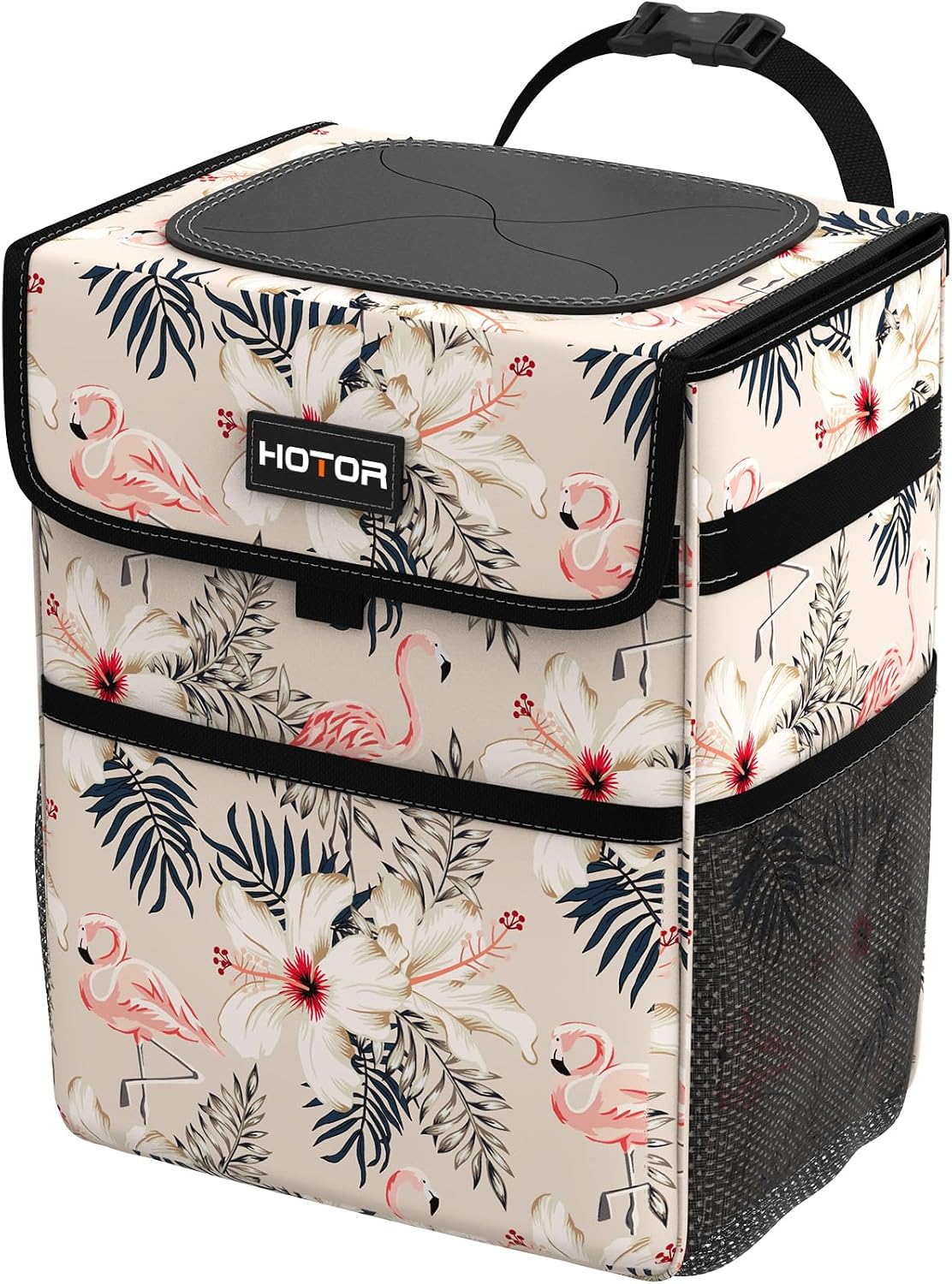 HOTOR Car Trash Can with Lid, Brown Trash Bag Hanging with Storage Pockets, 100% Leak-Proof Garbage Can with Adjustable Straps, Magnetic Snaps, Waterproof Interior Car Bin