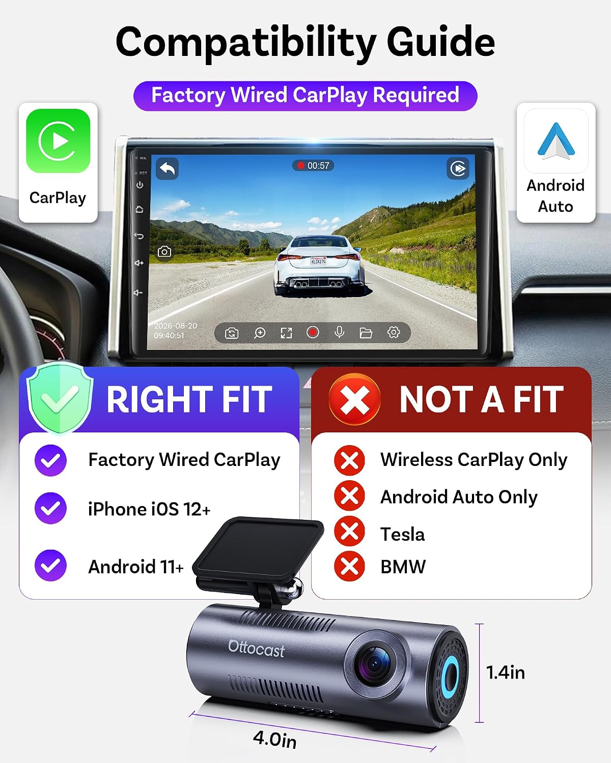 OTTOCAST OttoSafe Dash Cam Front and Rear with Wireless CarPlay Adapter