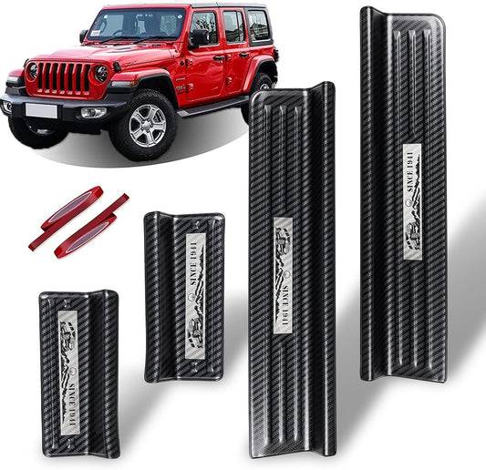 Rowa Door Sill Guards for Jeep 2018-2026 Wrangler JL JLU & 2020-2026 Gladiator JT, Carbon Fiber Pattern 304 Stainless Steel Door Entry Guard Full Coverage for Door Sill Protector (Patent Design)
