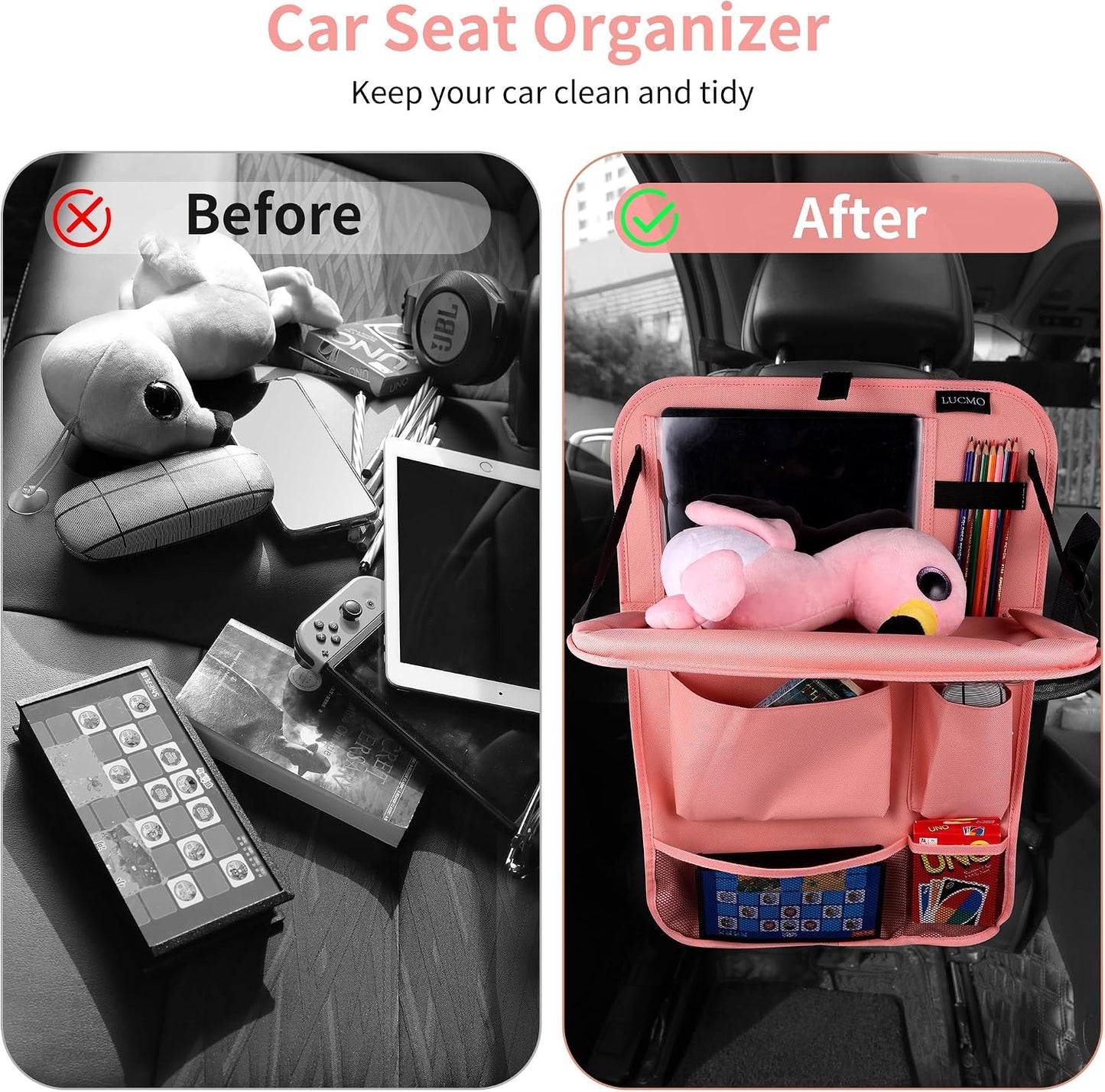 LUCMO Car Backseat Organizer with Foldable Tablet Holder, Pink | 6 Storage Pockets,Foldable Food Tray,Protectors Kick Mats,Travel Accessories,Seat Cover,Road Trip Essentials