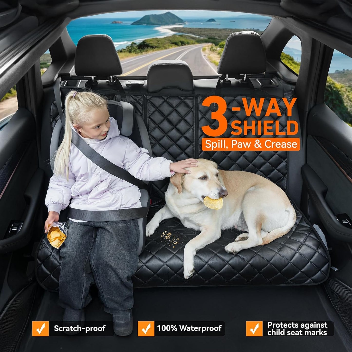 Dog Car Seat Cover for Back Seat, Waterproof Back Seat Covers for Dogs, PU Leather Nonslip Bench Dog Seat Cover Universal Fit Most Vehicles,SUVs,Small Trucks（Black,Standard）