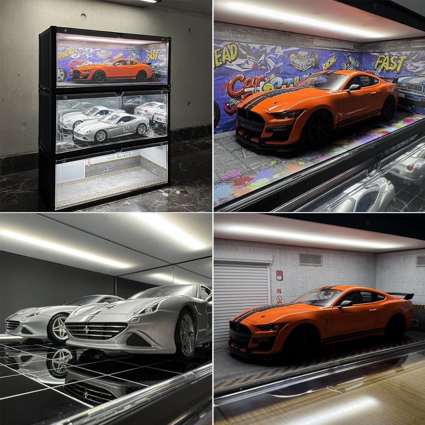 Display Case with LED Light for 1/18 Scale Model Car | Shipping Container Style Garage Diorama Show Case - Modern Mirror Reflective Interior, Grid Floor Showroom Design, Stackable