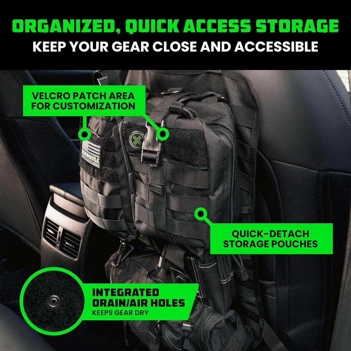 Tactical Car Seat Organizer – Military-Grade Storage for SUV, Truck, & Car – Heavy Duty Seat Organizer with Multiple Pockets & Car Accessories for Maximum Organization - Black