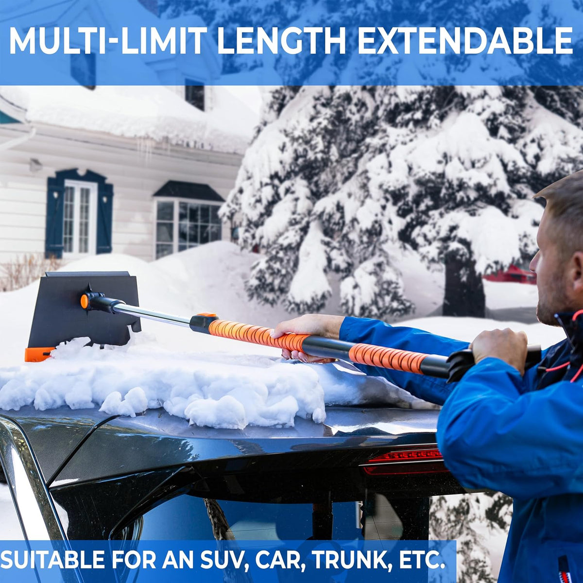 ZONETECH Extendable Snow Squeegee,Ice Scraper and Shovel 42" Lenght- Rotating Head, 3-1 Adjustable Frost Remover,Shoveling Tool with Ergonomic Handle Heavy Duty