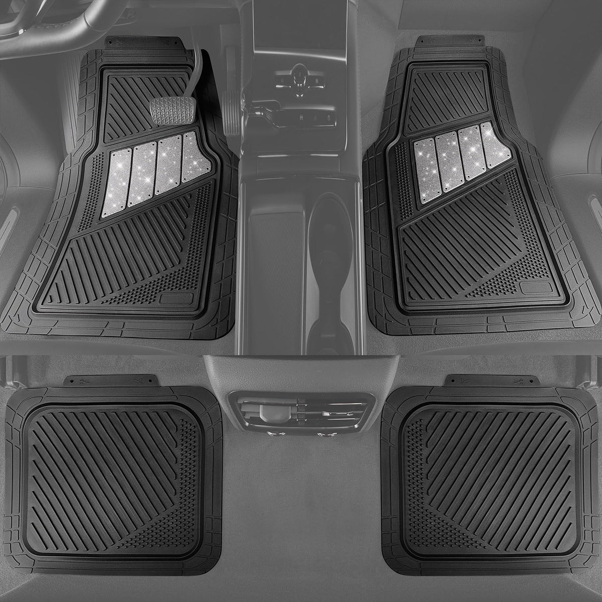 CAR PASS Heavy Duty Rubber Floor Mats 4-Piece Bling Car Mats Full Set - Universal Waterproof Floor Mats for SUV Truck, Durable All Weather Car Mats, Automotive Mats for Women Glitter Silver