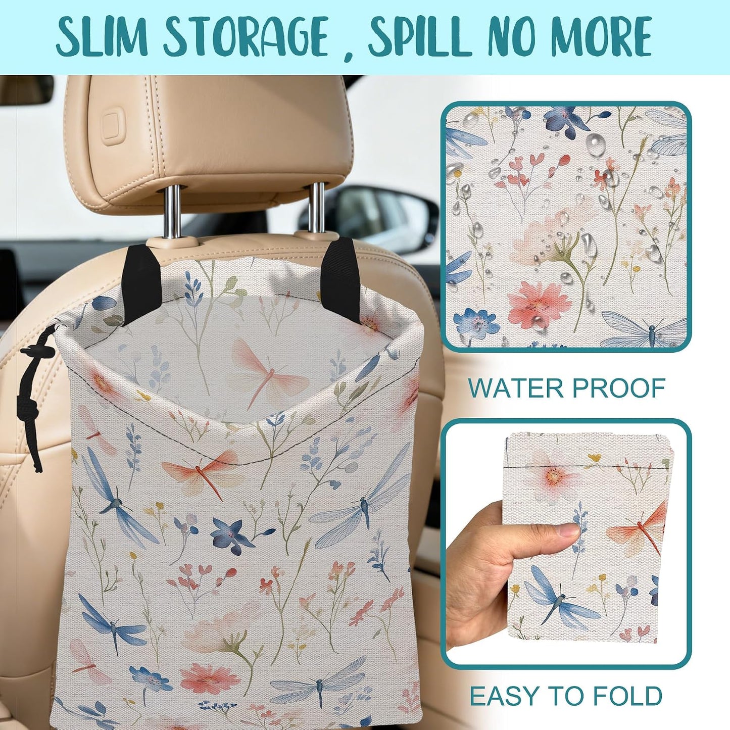 Car Garbage Bag Watercolor Flowers and Dragonflies Hanging Canvas Car Trash Bag Drawstring Car Back Seat Organizer for Car Back Front Seat Console with Adjustable Buckle