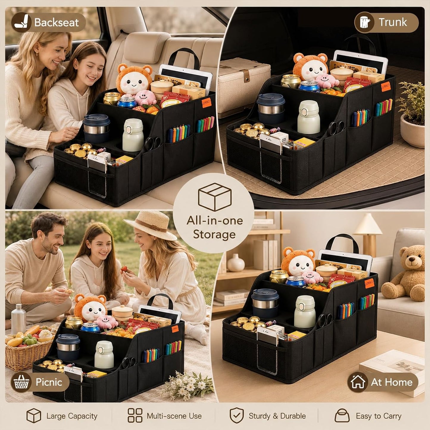 Car Seat Organizer Back Front Captains Seats Storage Travel | Car Organizer, Back Seat Car Organizer, Car Seat Organizer Front Seat – 9 Compartments, 2 Cup Holders – Foldable, Black.