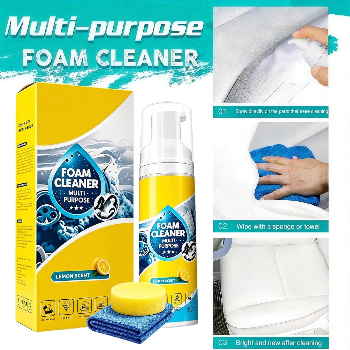 4-in-1 Multi-Enzyme Foam Cleaner,3PCS New Foam No-Rinse Cleaner,All Purpose Cleaning Foam for Car Interior, Home Kitchen, Bathroom,Multi-Surface Stain Remover with Cleaning Sponge & Towel (3PC)