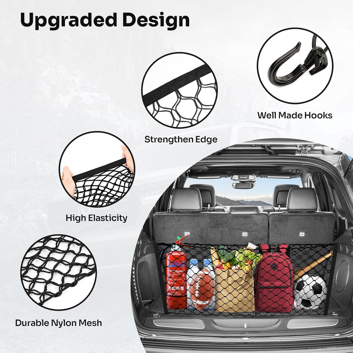 Canvcle Trunk Cargo Net for 2011-2021 Jeep Grand Cherokee Accessories Envelope Style Mesh Trunk Net Organizer and Storage Stretchable Adjustable Elastic Nylon Rear Cargo Netting with Hooks