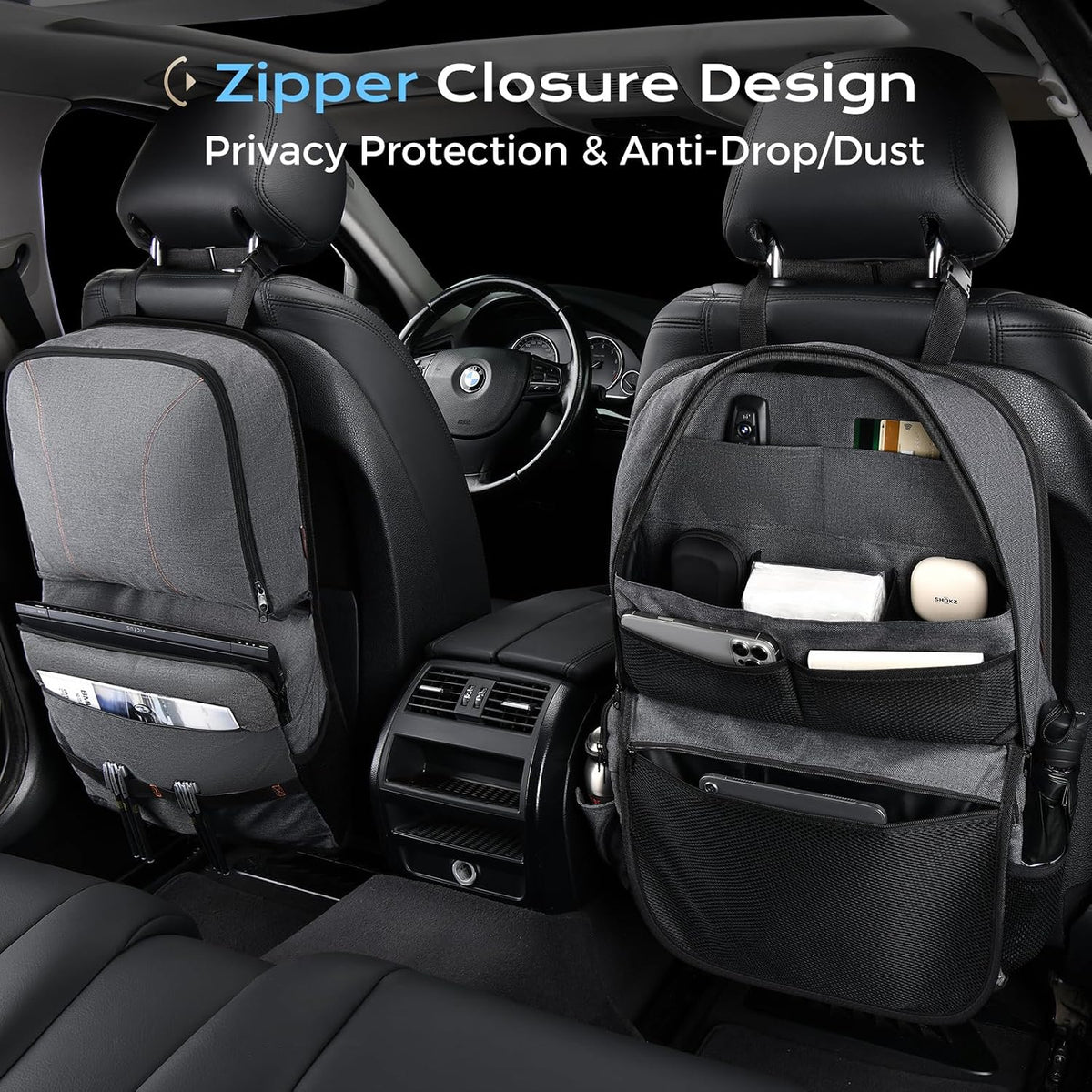Coverado Backseat Car Organizer 2 Packs, Heavy-Duty Durable Dual-Way Use Car Back Seat Organizer Waterproof with Multi Pockets, Zipper Closure Design, Protect Valuables from Spills, Keeps Car Tidy
