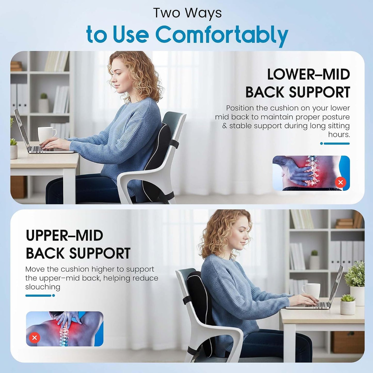 Lumbar Support Pillow for Office Chair and Car - Memory Foam Back Cushion with Breathable Mesh Cover & Dual Adjustable Straps for Back Pain Relief & Long Sitting - Full Back Support for Office Chair