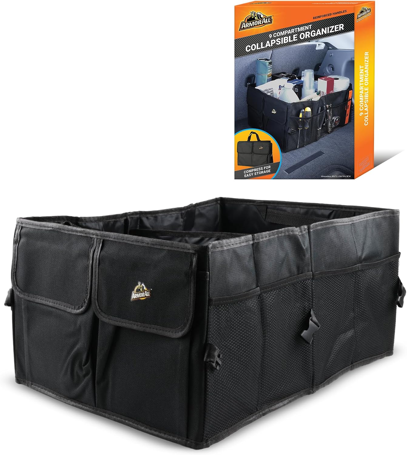 Armor All Trunk Organizer for SUV & Car, Extra-Large 9 Compartment Collapsable Lightweight Waterproof Car Organizer, 3 Compartments, 4 Mesh Pockets, 2 Pockets, 20.5” x 14.5” x 10”, Compression Buckles
