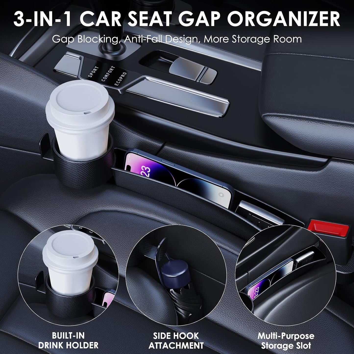 WD&CD 2PCS Car Seat Gap Filler with Cup Holder, Car Seat Gap Organizer for Phone Keys Drinks, Universal Car Interior Accessories
