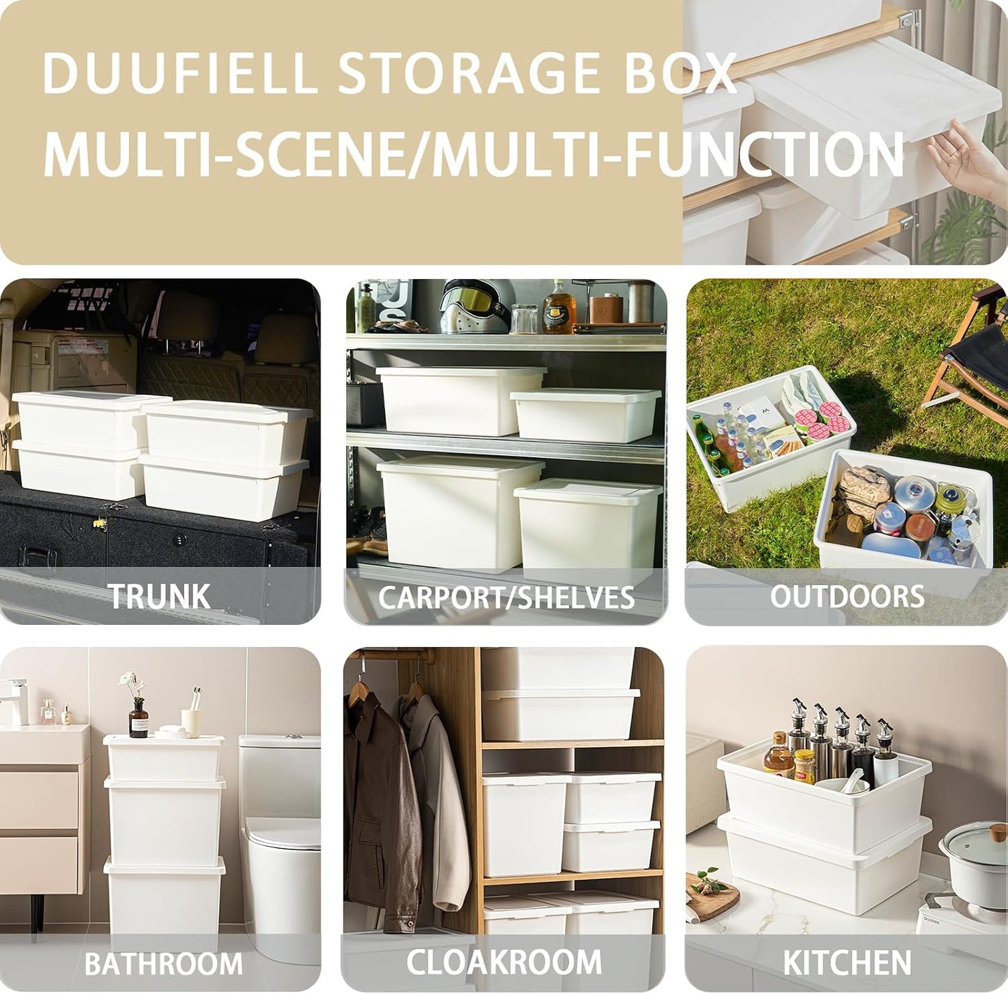 56QT+15QT high-end White multifunction storage bin with lid, Set of 8 Stackable Plastic Boxes with Handles, Office，Garage，Home, for Organizing Snacks, Crafts, Legos, Tools,books