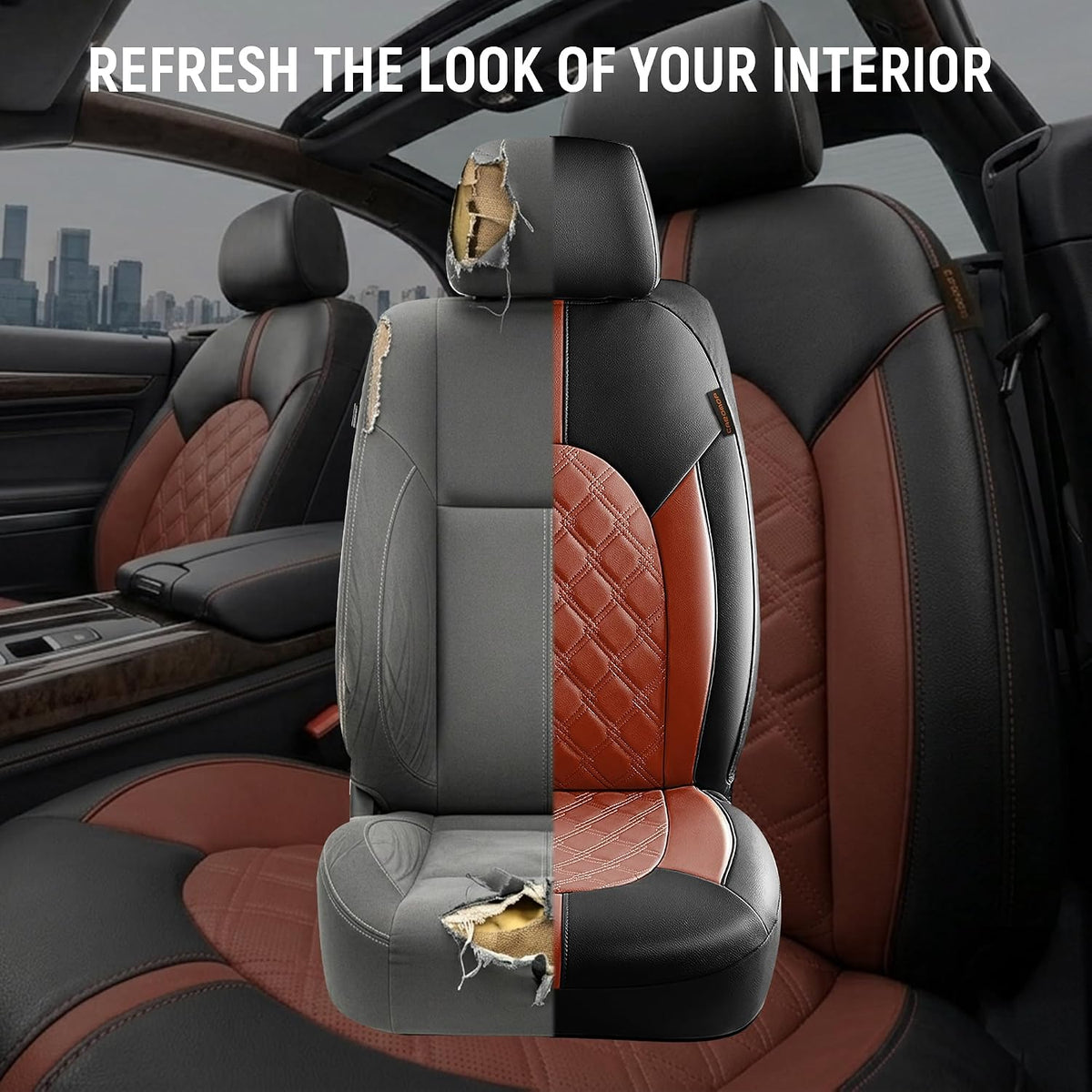 CAROMOP Luxury PU Leather Car Seat Covers Front Set, Anti-Stain Waterproof Automotive Seat Covers for Cars, Universal Car Interior Covers Seat Protectors for SUVs Pick-up Trucks(Burgundy Red)