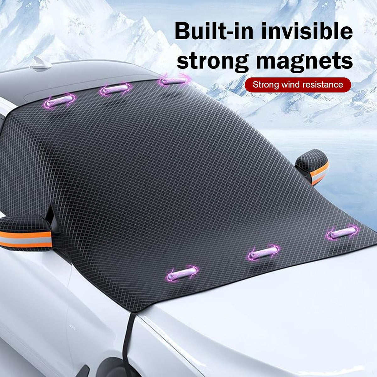Windshield Snow Protector, Reflective Strips Heat Insulation Windshield Sun Shade Visor, All-Season Auto Front Glass Sun & Frost Shield, Universal for Most Cars (Black)