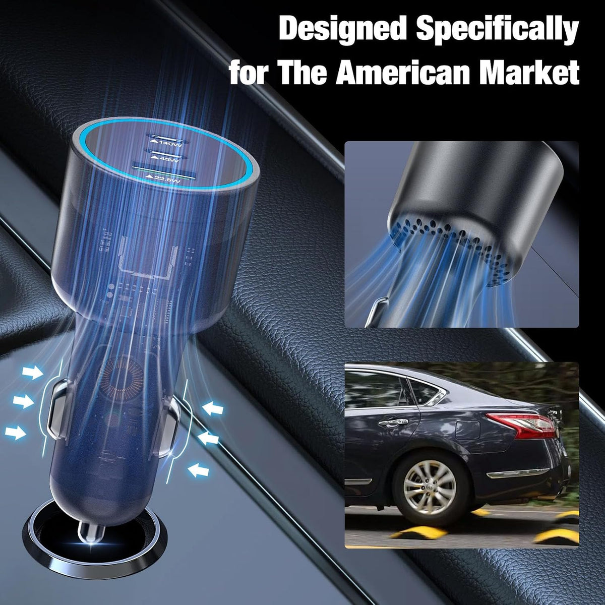 140W USB C Car Charger Super Fast Charging for iPhone Duo/18 Pro Max/Laptop