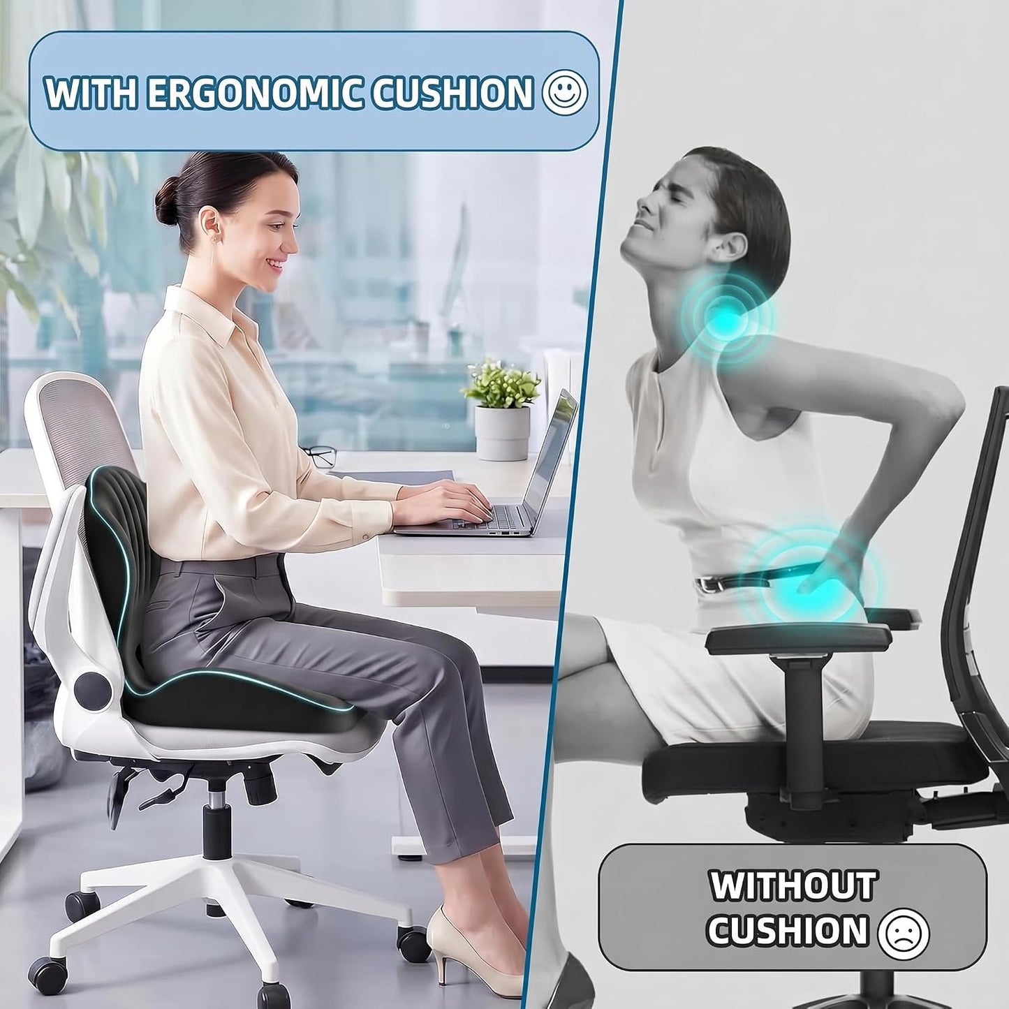 Ergonomic Waist Support and Seat Cushion, 2-in-1 Memory Foam Pad, Hollow Design for Coccyx, Suitable for Office Chairs, Car Safety Seats and Household Use - Relieves Lower Back and Hip Pain (Black)