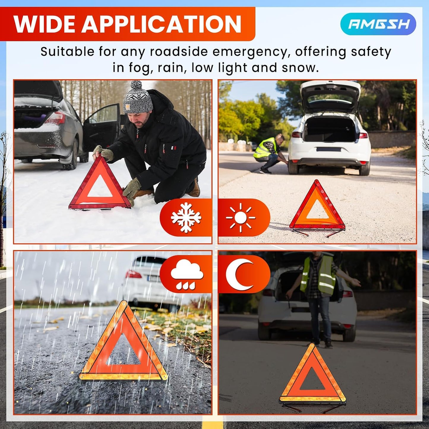 2 Pack Emergency Triangle + 2 Pack Reflective Vest, Foldable Reflective Emergency Triangles Roadside with Reflective Warning Vest, Base Roadside Triangle Kit, Roadside Emergency Car Kit