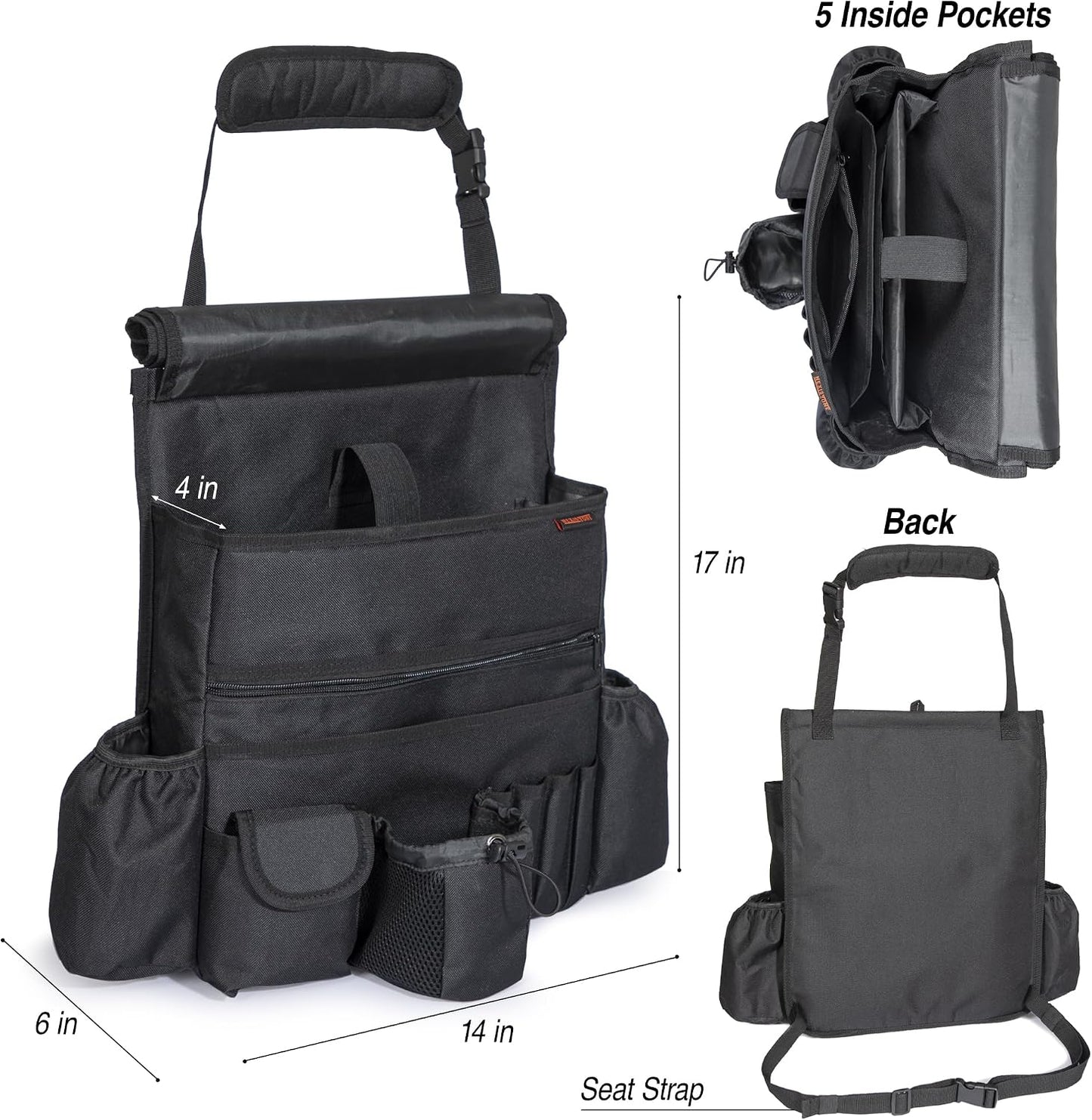 Front Seat Car Organizer with flap and buckle closure – Convertible into Shoulder Bag – Fits Front or Back of Seat – Heavy Duty Car Organizer for Rideshare and Truck drivers