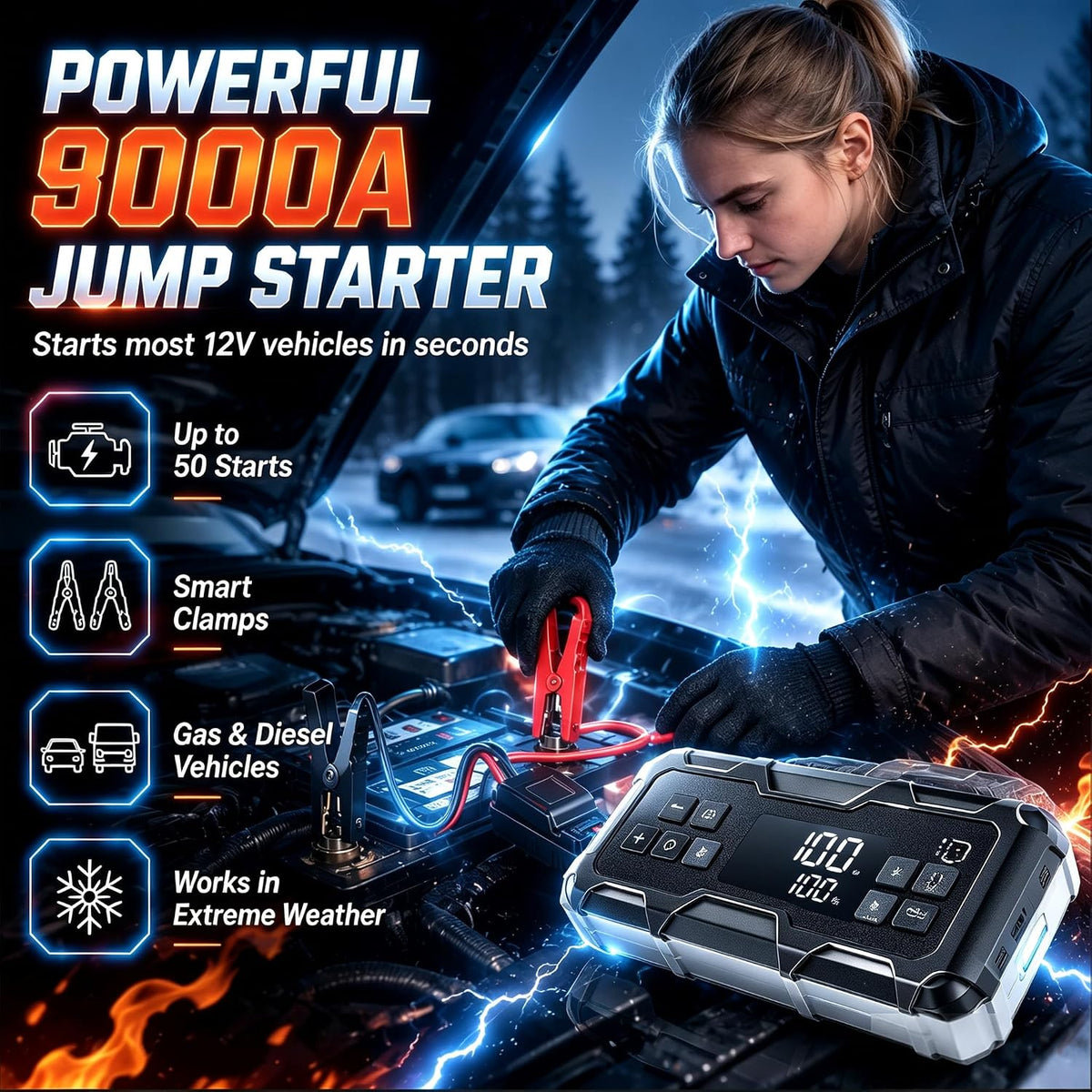 9000A Jump Starter with Air Compressor, Portable Tire Inflator, German-Tech Fast-Charging Power Bank Car Battery Booster for Car Owners Camping, Road Trips, Family Safety & Gift Giving