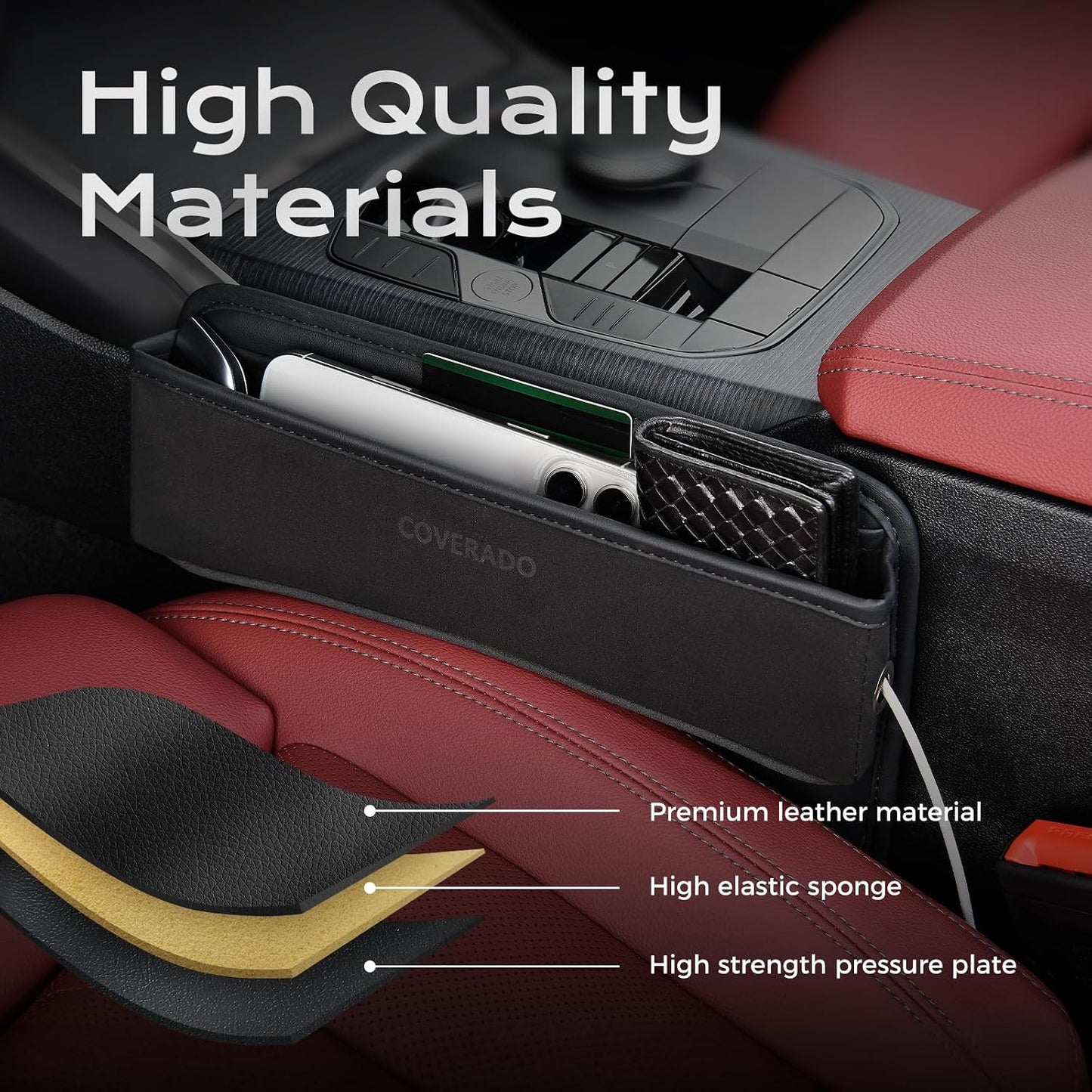 Coverado Universal Car Seat Gap Filler Organizer, Premium Suede Leather Car Seat Side Gap Filler, Seat Gap Storage Box for SUV Truck, Car Interior Accessories, Black-2pc