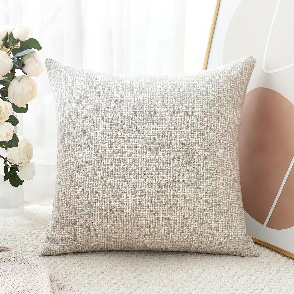 OTOSTAR Linen Throw Pillow Cover Set of 1 Decorative Square Pillowcases Cushion Covers 24x24 Inch for Home Decor Sofa Bedroom Car 60 x 60CM Beige