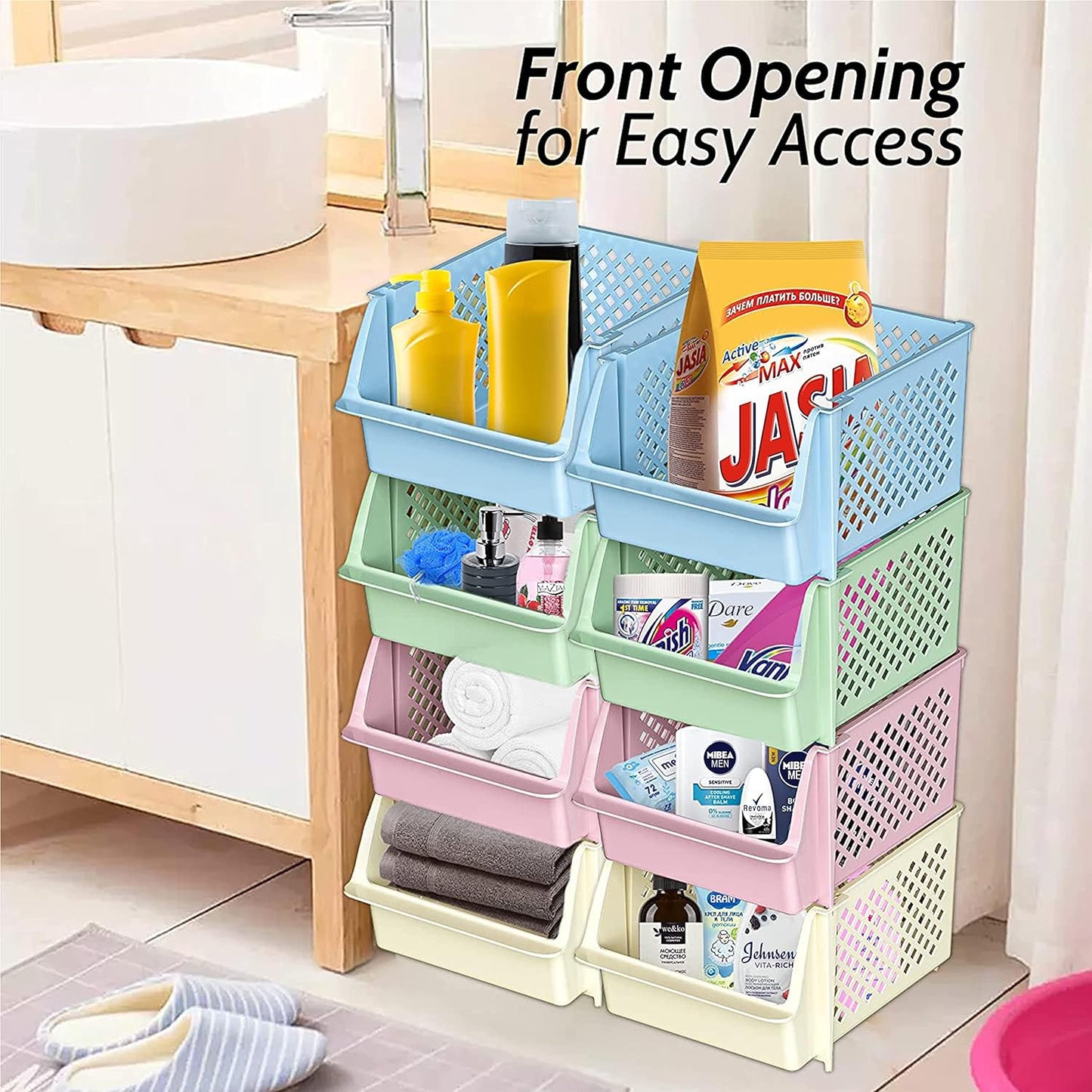 Skywin Stackable Storage Bins Open Front for Pantry Storage, 4 Pack - Multi | Sturdy Plastic, Easy Stacking, Open Front Access, Ventilated Sides, Vertical & Space Saving Pantry Organizers and Storage Bin