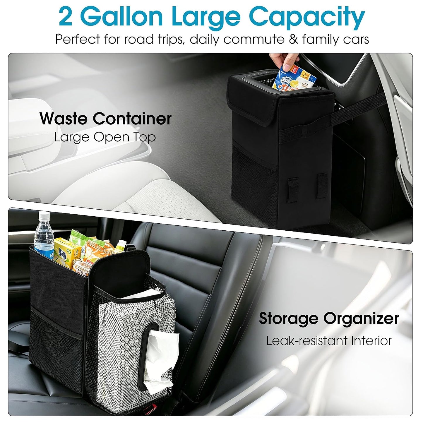 Ryhpez Car Trash Can with Tissue Holder, Leakproof Car Garbage Can with Detachable Car Napkin Holder, Hanging Car Trash Bin for Headrest, Console, Truck, SUV Car Accessories, Black