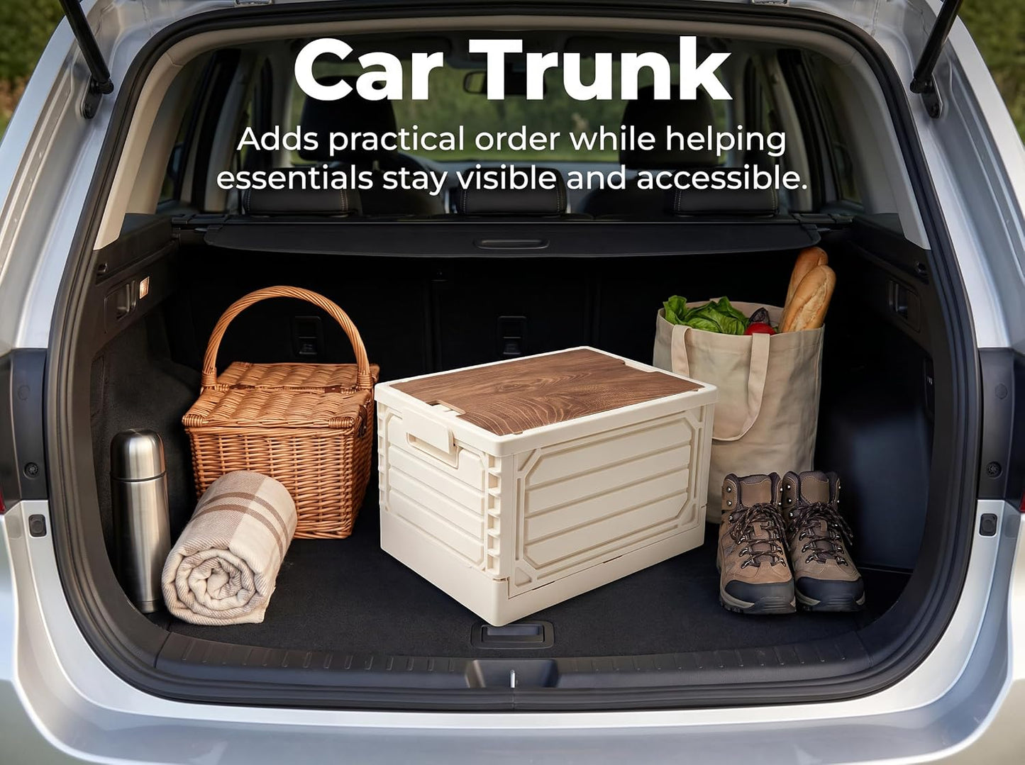PureBox Foldable Storage Crate with Wooden Lid, Collapsible Plastic Storage Bin, Large Capacity Stackable Storage Furniture, Space Saving Organizer Box for Home, Closet, Garage, RV, Camping &amp; Office
