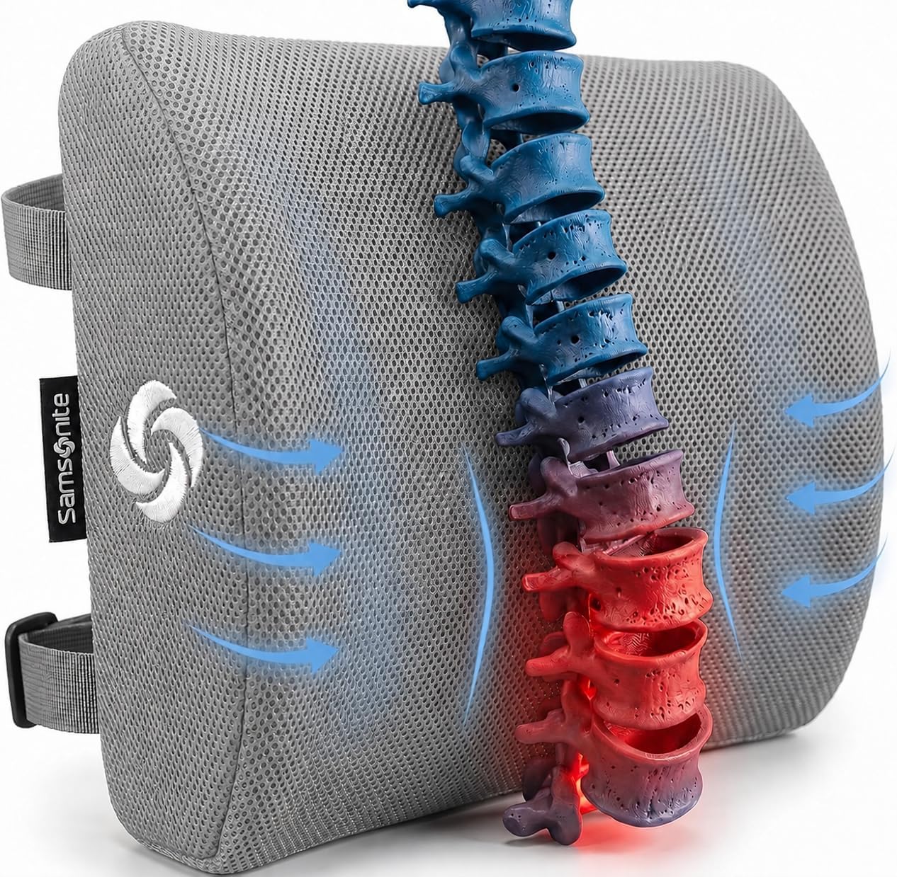 Samsonite Memory Foam Lumbar Support Pillow for Office Chair, Gaming Chair & Car Seat Automotive Use, Home Office Essentials for Sitting Comfort and Posture Relief Back Support, Black with Cooling Gel