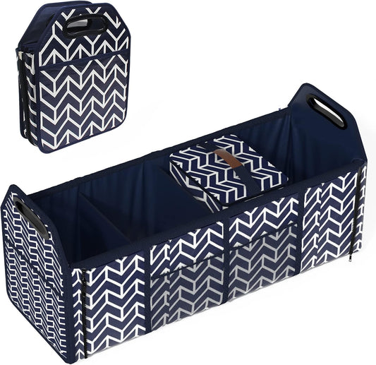 Trunk Organizer for car, Foldable Car Storage Bag Portable Insulation Cooler Bag Collapsible Vehicle Organizer Divider Storage Totes with 4 Compartment Cargo Tote for Groceries Caddy SUV, Navy Blue