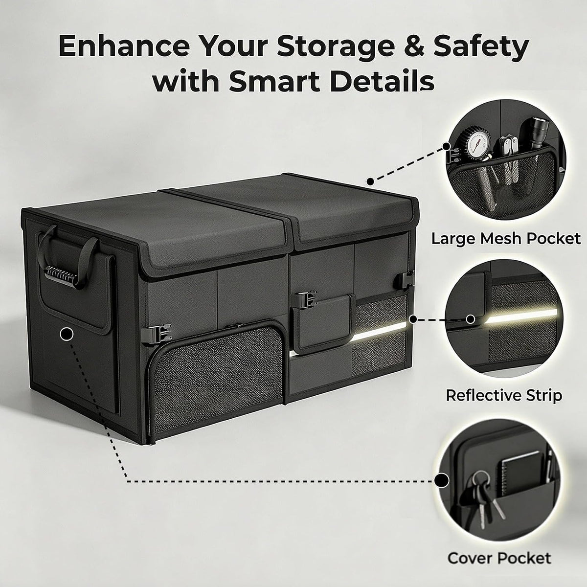 Foldable Trunk Organizer for Car, Expandable Storage Bin with Compartments