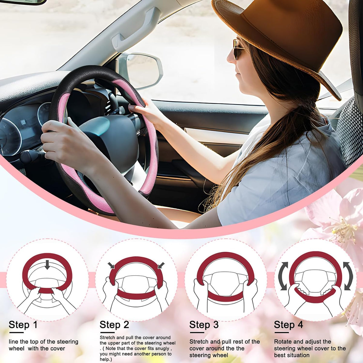 SuperKaKa Car Steering Wheel Cover 2025, Universal Auto PU Cute Breathable Slip-Proof Comfort Imitation Leather Protector Cars Interior Accessories for Women Men Fit Most Vehicle (Pink)
