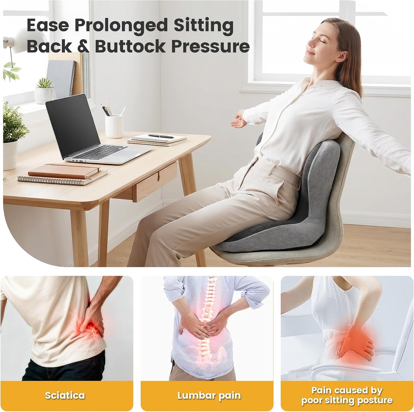 Urban Deco Memory Foam Seat Cushion for Office Chair, Sciatica Pain Relief Coccyx Cushion for Tailbone Pain, Orthopedic Gel Seat Cushion for Car, Non-Slip Bottom and Breathable Cover, Black & Grey