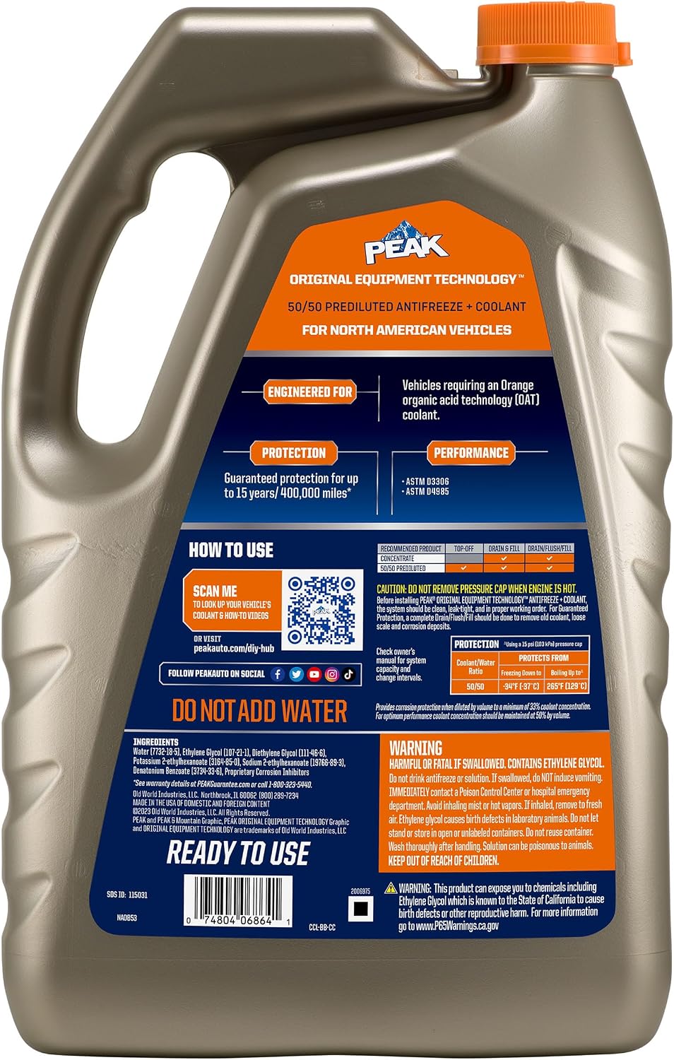 PEAK OET Extended Life Orange 50/50 Prediluted Antifreeze/Coolant for North American Vehicles, 1 Gal.