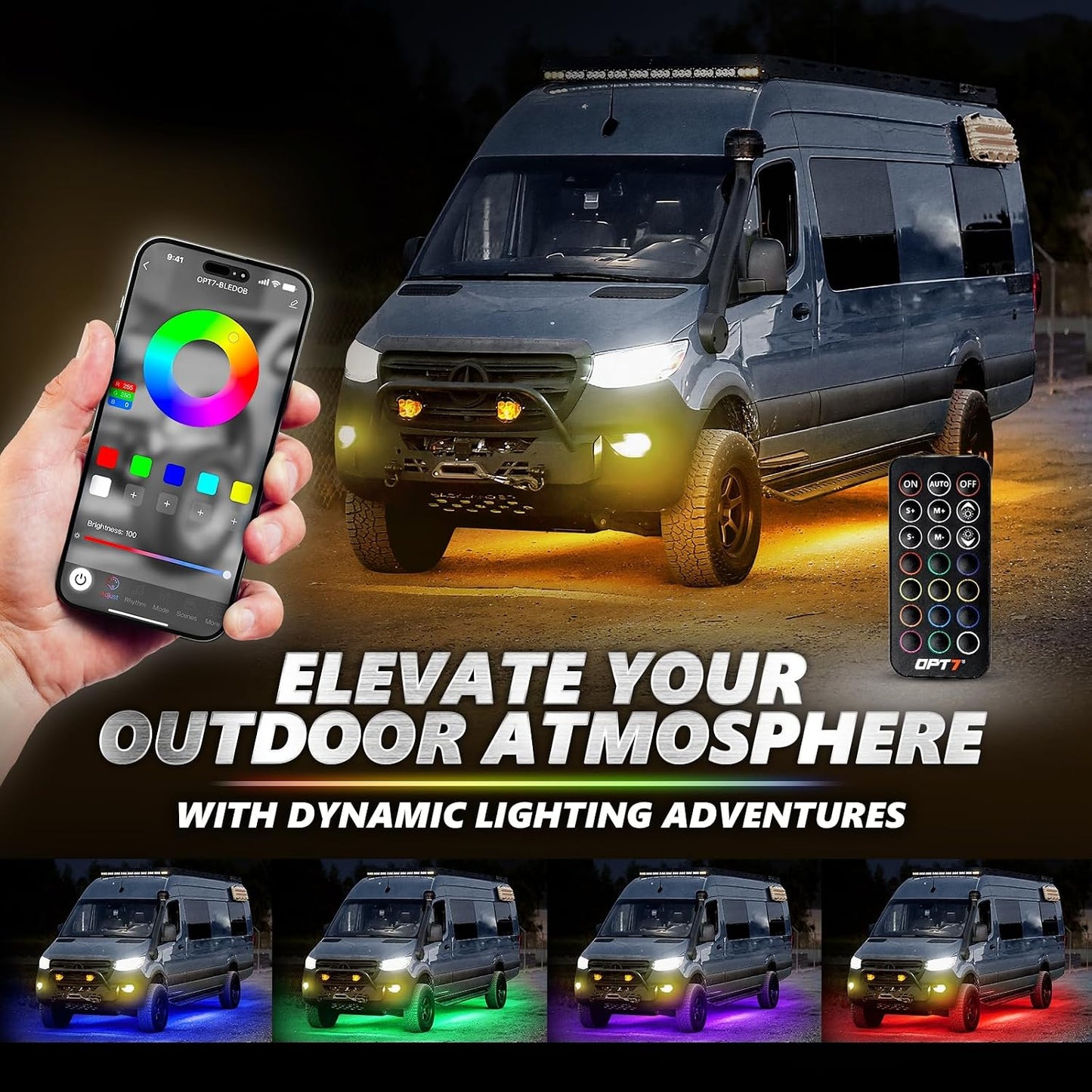 OPT7 Aura Pro RGB Aluminum RV Underglow Lights with App & Remote Control | Multicolor Music Sync Lighting, Exterior Accent Kit for Motorhome, Outdoor Camper Accessories, 12V Waterproof Rigid LED Bar