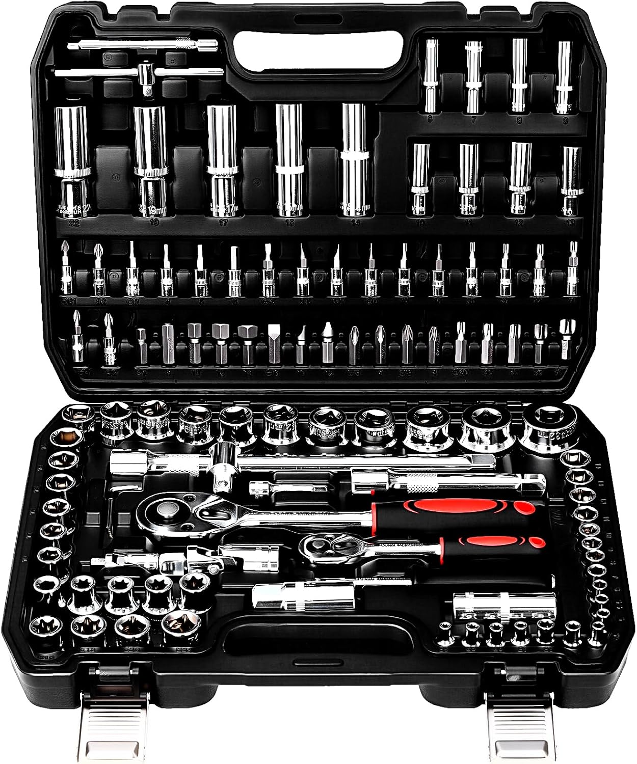 TLGREEN 108 Pcs Mechanic Socket Tool Kit,CR-V Steel Metric And 1/4" & 1/2" Ratchet set,Universal Joint,Extension Bars,Adapter,Quick Release Ratchet Wrench,Tool Box Set for Car Garage Dorm