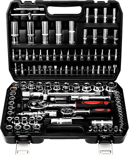 TLGREEN 108 Pcs Mechanic Socket Tool Kit,CR-V Steel Metric And 1/4" & 1/2" Ratchet set,Universal Joint,Extension Bars,Adapter,Quick Release Ratchet Wrench,Tool Box Set for Car Garage Dorm