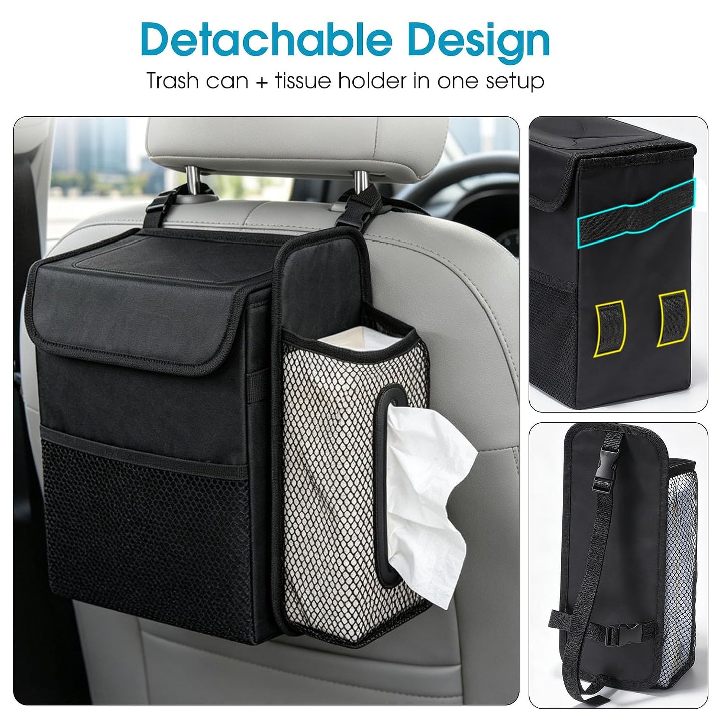 Ryhpez Car Trash Can with Tissue Holder, Leakproof Car Garbage Can with Detachable Car Napkin Holder, Hanging Car Trash Bin for Headrest, Console, Truck, SUV Car Accessories, Black