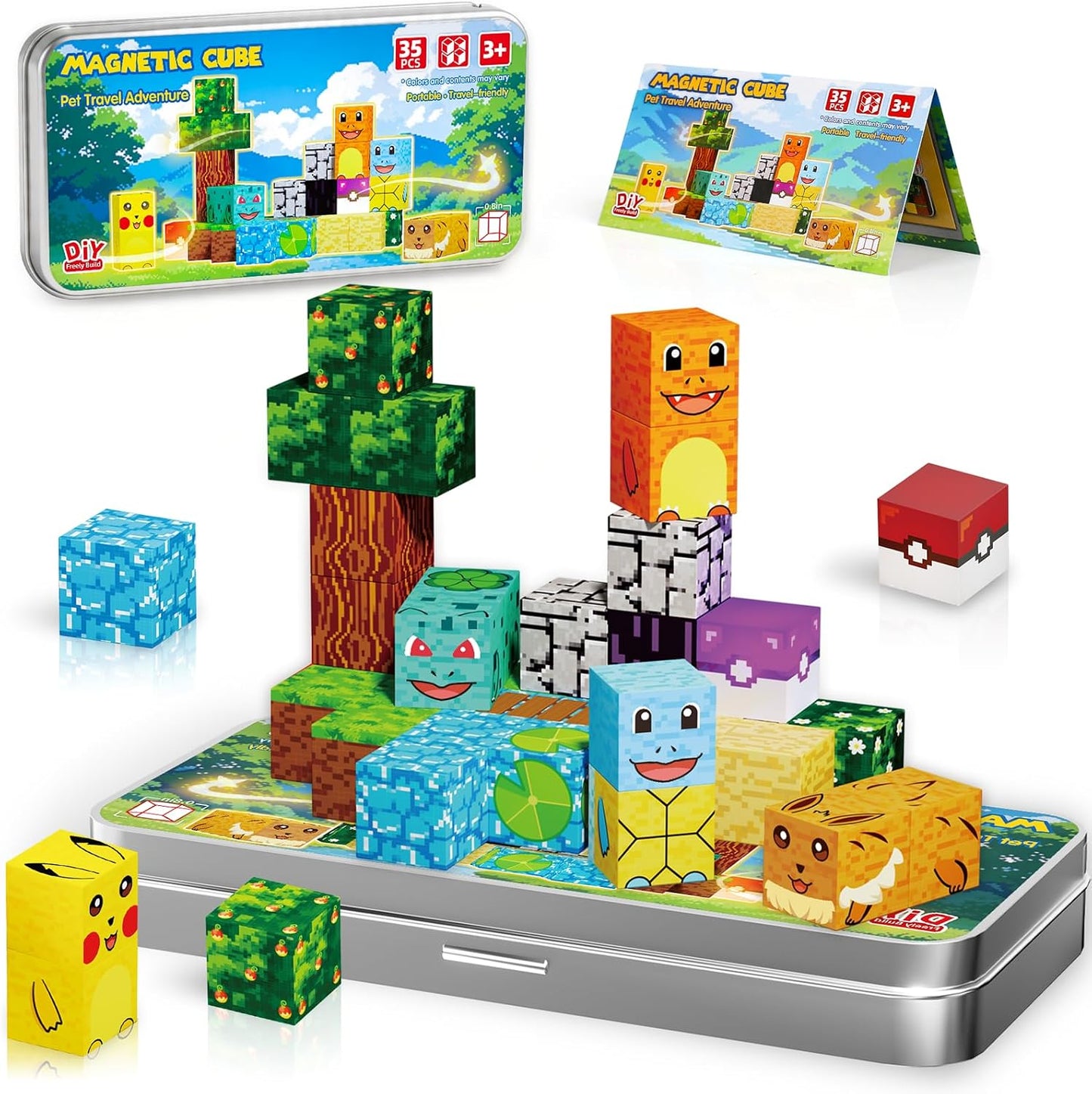 Mini Magnetic Blocks Pet Travel Toys, 35 PCS Magnetic Building Cubes with Metal Storage Case for Kids Ages 3-8, STEM Montessori Construction Toys for Toddlers, Airplane & Car Ride Essentials