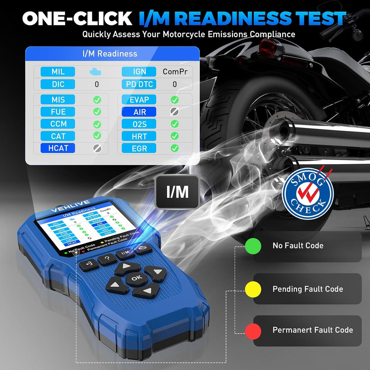 Motorcycle System Diagnostic Measurement Tool, Moto OBD2 Scanner with Voltage Test, Motorcycle Fault Code Reader with Quick Test Compatible for Yamaha, Honda, Kawasaki, Generation, KYMCO, SYM