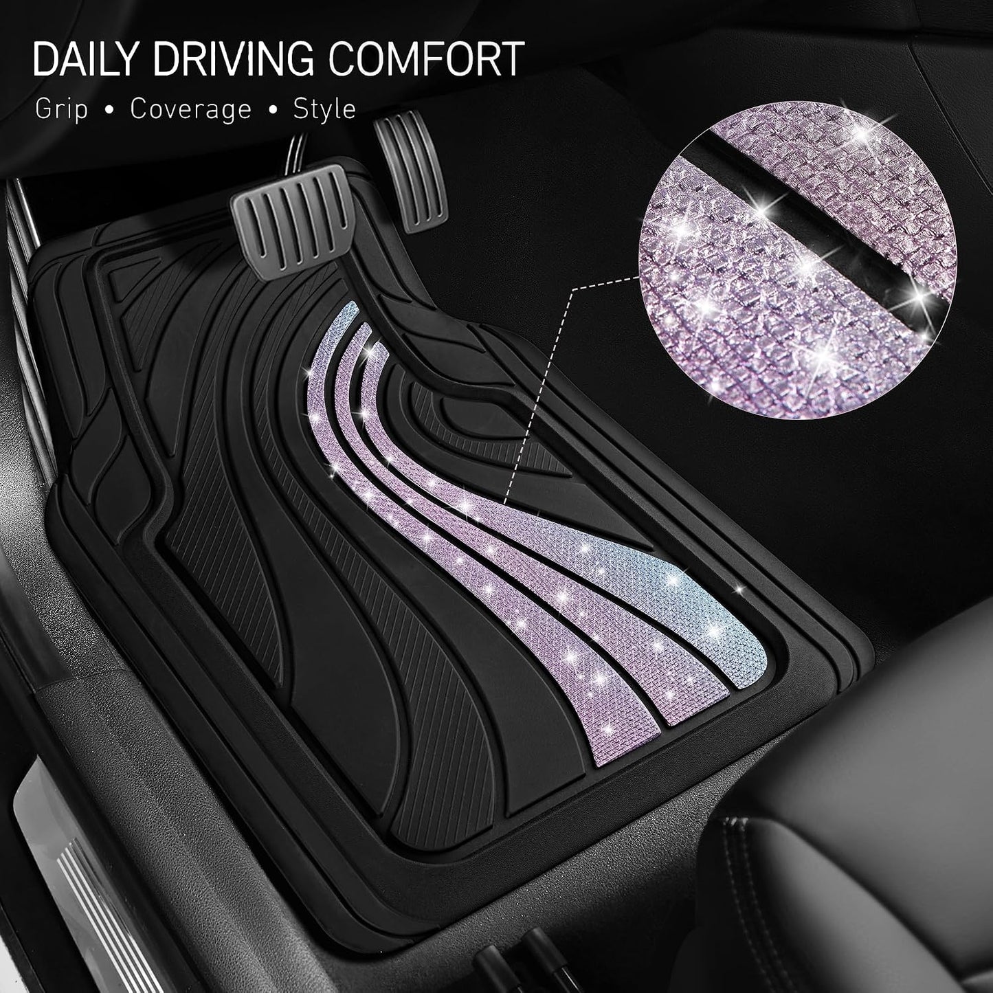 Road Comforts Car Floor Mats Full Set – Front & Rear Car Floor Mats with Aluminum Design, Anti-Slip Backing, All-Weather Protection, Trim-to-Fit Car Mats for Most Sedans, SUVs & Vans - Glitter