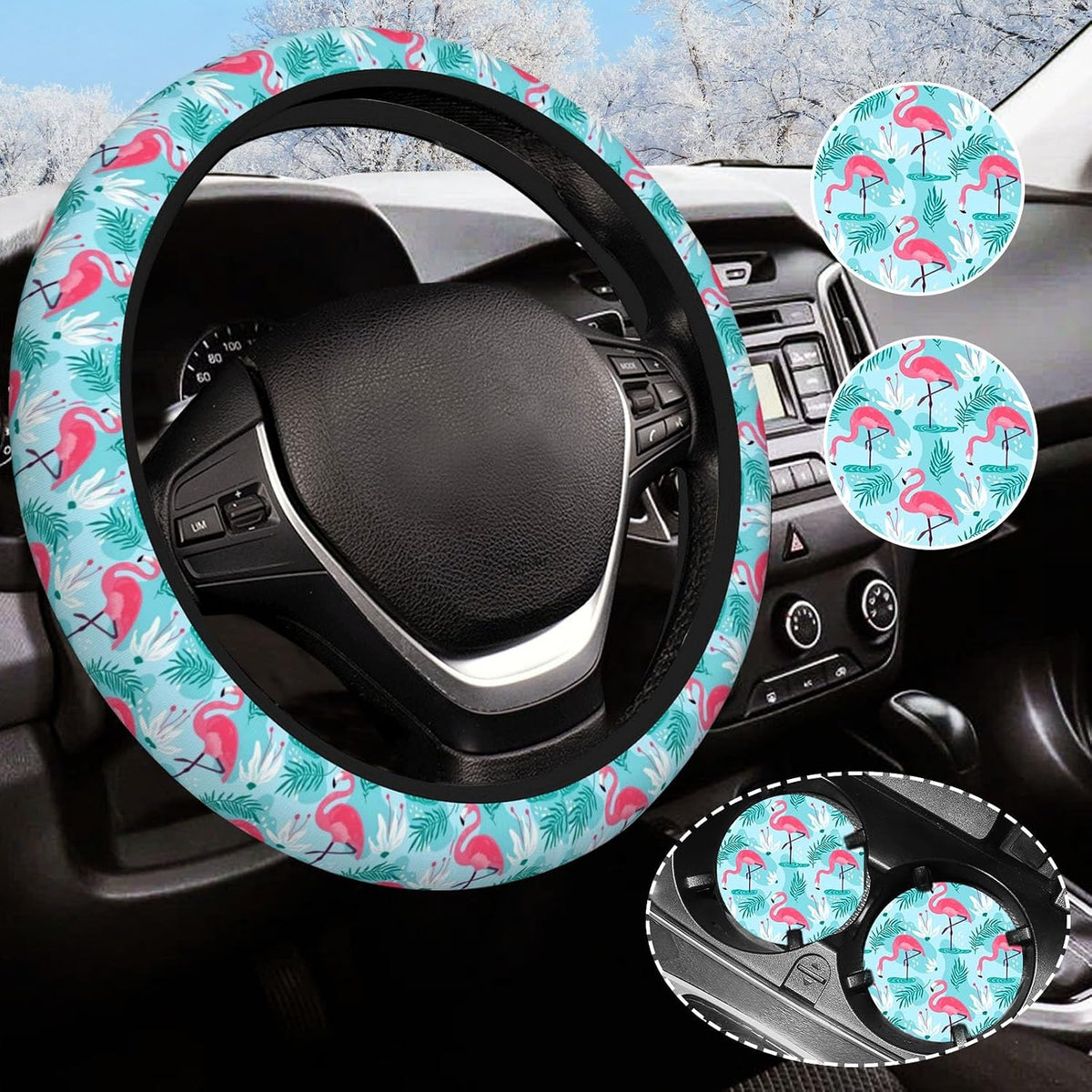 Black and White Checkered Steering Wheel Cover Rubber Anti-Slip 14.5-15 Inch Universal Steering Wheel Cover with 2 Pieces Car Coasters Suitable for Men Women