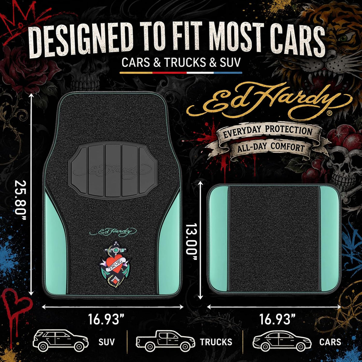 ED HARDY Heart Print Car Floor Mats, Carpet Floor Mats with Mint Leather Design, Automotive Car Mats with Built-in Heel Pad & Anti-Slip Backing, Fits Most Cars, SUVs & Trucks, Durable & Odorless